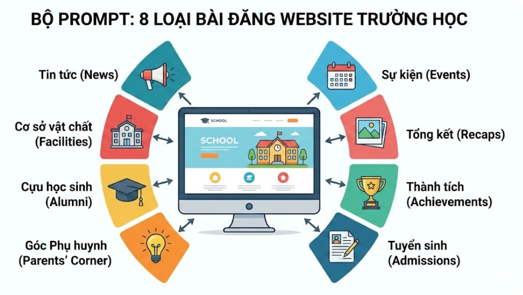 Bộ prompt này chia theo 8 loại bài đăng phổ biến nhất trên website trường học chuyên nghiệp nhất